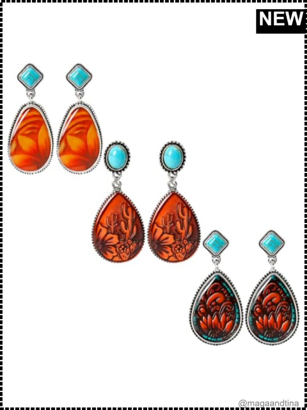 3 Pairs Boho Cowgirl Turquoise Western Dangle Earrings